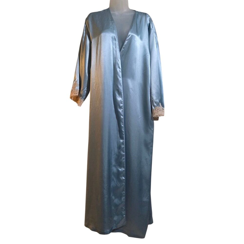 Oscar de la Renta Pink Label Satin Robe Blue Kimono Sleeve Lace Trim Sz Large/XL